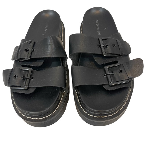 Madden Girl Black Double Buckle Platform Sandal Dizzyy Slides - Picture 4 of 12
